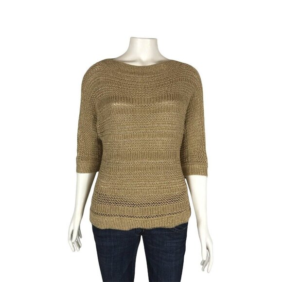Chicos Travelers Womens Sweater Size 0 Small 4 Gold 3/4 Dolman Sleeve Open Knit - Picture 1 of 7